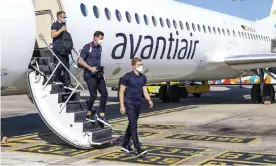  ?? Photograph: Carlos Rodrigues/Uefa/Getty Images ?? RB Leipzig players arrive in Lisbon on Wednesday for their Champions League quarterfin­al against Atlético Madrid.