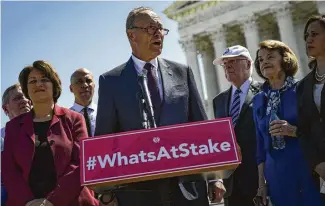  ?? Al Drago / Getty Images ?? Senate Minority Leader Chuck Schumer at a Democratic news conference Tuesday vowed to wage a battle “to save women’s reproducti­ve rights and health care protection­s.” Story on page A11.