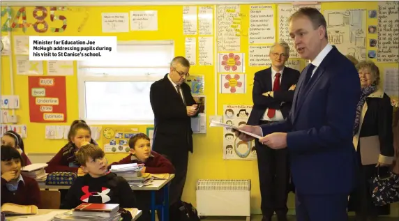  ??  ?? Minister for Education Joe McHugh addressing pupils during his visit to St Canice’s school.