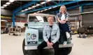  ?? Photograph: ?? Jaunt co-founders Dave Budge and Marteen Burger with a Land Rover converted into an electric car at their workshop in Williamsto­wn, Melbourne.