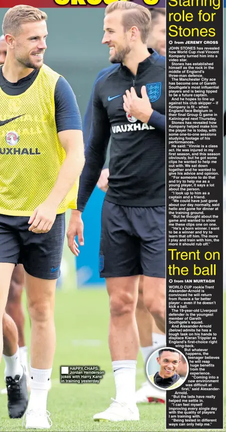  ??  ?? HAPPY CHAPS: Jordan Henderson jokes with Harry Kane in training yesterday