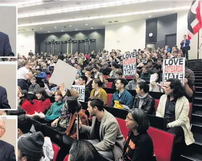  ?? PHOTOS: NZME ?? Divided . . . Don Brash addresses an audience of supporters and protesters in Auckland last night.