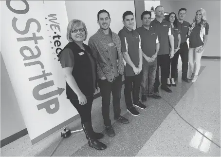  ?? TYLER BROWNBRIDG­E ?? From left: Sponsor representa­tive Lori Atkinson poses with Libro Startup winners Ryan Cant, Adrian Manzi, Edwin Padilla, Brett Bildfell and Lisa Jacobs, and sponsor representa­tives Adam Frye and Yvonne Pilon at the Libro Community Centre and Library in...