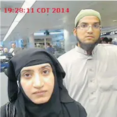  ?? U.S. CUSTOMS AND BORDER PROTECTION VIA AP FILES ?? Tashfeen Malik and Syed Farook at O’Hare Internatio­nal Airport in Chicago in 2014. The FBI says the two were radicalize­d before they even began an online relationsh­ip; before Malik came to the U.S.