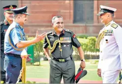  ?? ARVIND YADAV /HT PHOTO ?? Chief of Air Staff Air Chief Marshal VR Chaudhary, Chief of Army Staff Gen Manoj Pande and Chief of Naval Staff Admiral R Hari Kumar in New Delhi on Sunday.