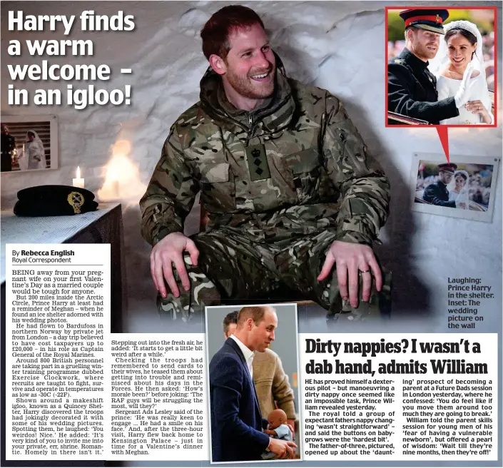  ??  ?? Laughing: Prince Harry in the shelter. Inset: The wedding picture on the wall