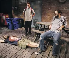  ?? STEPHEN RUTHERFORD ?? Greg Ochitwa (lying down), Kyle Kuchirka and James Avramenko star in The Aliens at Persephone Theatre in Saskatoon.