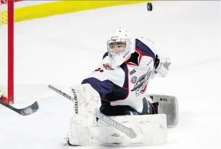  ??  ?? Goaltender Colton Incze is a big reason the Spitfires have at least gained a point despite losing three of their last four games. Dennis Pajot/file