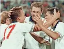  ?? ?? FORZA ENGLAND Platt (17) celebrates with Terry Butcher and Gary Lineker