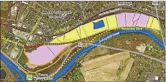  ?? SUBMITTED PHOTO ?? This map of proposed developmen­t along Keystone Boulevard in Pottstown and West Pottsgrove shows residentia­l developmen­t in yellow and industrial, office and R &amp; D uses in purple.