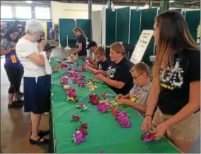  ??  ?? SVCS FFA members Barbara Guinto, Ethan Smith, Elizabeth Collins, Alex Smith, Michael Andrews, Abby Smith make corsages at the Gladiola Show.