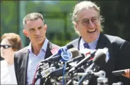  ?? Erik Trautmann / Hearst Connecticu­t Media ?? Fotis Dulos, charged with tampering with evidence and hindering prosecutio­n in connection with his wife’s disappeara­nce, exits state Superior Court in Stamford earlier this month with his attorney Norm Pattis, right, who speaks to the media.