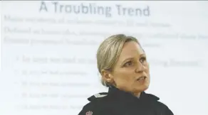  ?? Ian Kucerak ?? Sgt. Michelle Horchuk speaks Wednesday at Mayfield Community Hall about steps community leagues can take to curb violence at events held in their community halls.