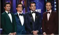  ??  ?? Andrew Rannels, from left, Matt Bomer, Zachary Quinto and Jim Parsons present the award for best play on stage.