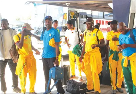  ??  ?? BON VOYAGE . . . The Warriors arrive at Harare Internatio­nal Airport yesterday for their trip to Namibia where they will take on the Brave Warriors in a CHAN qualifier tomorrow