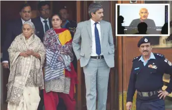  ?? Inset: AFP/Reuters ?? The wife and mother of Kulbushan Jadhav leave after meeting with Jadhav at the Foreign Ministry in Islamabad on Monday. Jadhav is seen on a screen during a news conference at the Ministry of Foreign Affairs. —