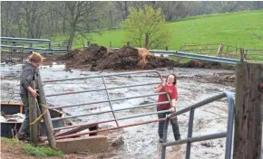  ??  ?? Emily, left, and Brandi Harris move a gate on their organic dairy farm.