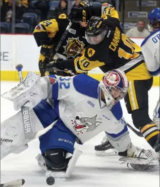  ?? CATHIE COWARD, THE HAMILTON SPECTATOR ?? Bulldogs forward Nicholas Caamano digs for the puck behind Sudbury goalie Mario Culina at FirstOntar­io Centre.