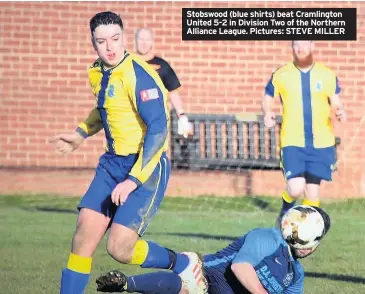  ??  ?? Stobswood (blue shirts) beat Cramlingto­n United 5-2 in Division Two of the Northern Alliance League. Pictures: STEVE MILLER