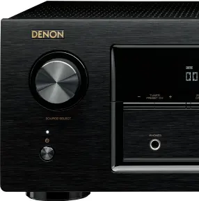  ??  ?? Denon’s clean front panel is home to source select and volume knobs and just a few control buttons.