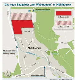  ??  ?? Der erste Teil des Baugebiets „Am Weberanger“ist noch in Planung und schon wird es erweitert, und zwar über den schraffier­ten Bereich hinaus bis zur Sammelstel­le.