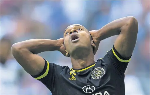  ?? [DARRYL DYCK/THE CANADIAN PRESS] ?? The Crew’s Ola Kamara shows his frustratio­n after missing a scoring chance during the first half.