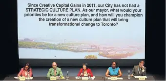  ?? Toronto mayoral candidates Ana Bailão, Brad Bradford, Olivia Chow, Mitzie Hunter, and Josh Matlow debate on the arts at Young Peoples Theatre on Wednesday. ??