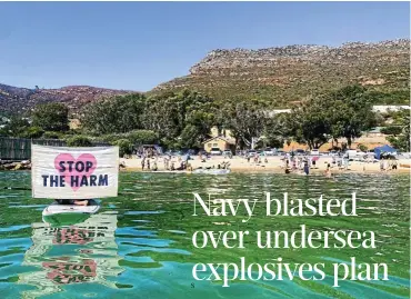  ?? Picture: Shannon Goodman ?? Protesters worried about the effect of underwater explosions on endangered penguins at Boulders Beach take to the sea in kayaks at Long Beach in Simon’s Town yesterday.