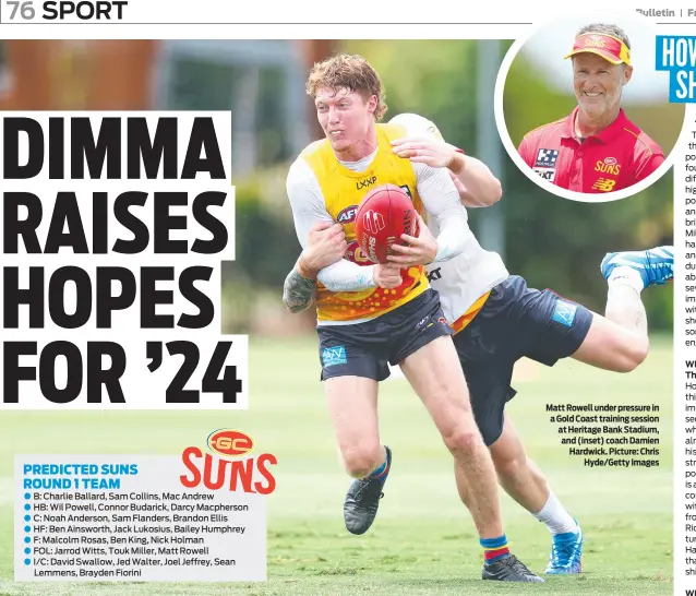  ?? ?? Matt Rowell under pressure in a Gold Coast training session at Heritage Bank Stadium, and (inset) coach Damien Hardwick. Picture: Chris Hyde/Getty Images