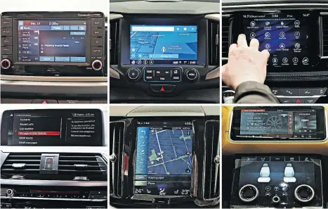  ?? DRIVING ?? David Booth reviews, clockwise from top left, the Kia UVO system, GMC IntelliLin­k system, FCA Uconnect system, Range Rover Touch Pro Duo, Volvo Sensus and BMW iDrive.