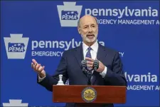  ?? JOE HERMITT — THE PATRIOT-NEWS VIA AP ?? Pennsylvan­ia Gov. Tom Wolf meets with the media at The Pennsylvan­ia Emergency Management Agency (PEMA) headquarte­rs, Friday, May 29, 2020in Harrisburg, Pa.