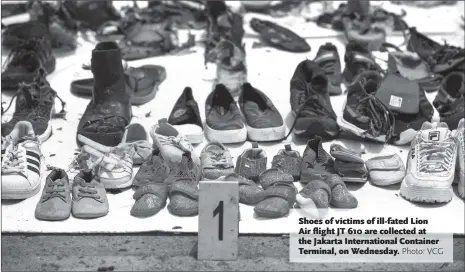  ?? Photo: VCG ?? Shoes of victims of ill-fated Lion Air flight JT 610 are collected at the Jakarta Internatio­nal Container Terminal, on Wednesday.