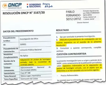  ??  ?? Resolución de la DNCP por la cual se anuló la compra de columnas sobrefactu­radas para ANDE.