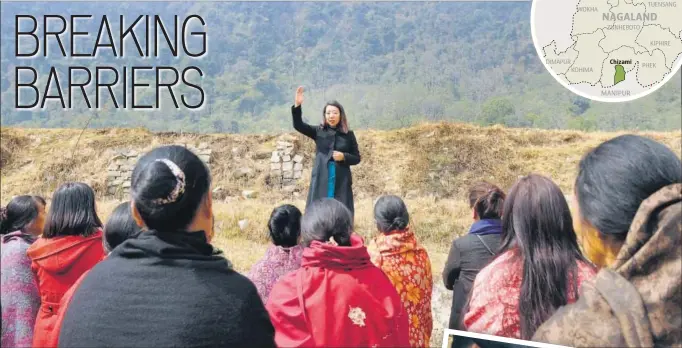  ?? SAMIR JANA/HT PHOTO ?? Rekha Rose Dukru (main image), an independen­t candidate from the Chizami seat, addresses a gathering of women at a village in Phek district. The 35yearold Dukru is one of five women candidates trying to become the first woman MLA in the state. (Below...