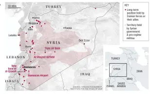  ??  ?? A map showing the locations where Iran has gained a foothold in Syria, including the new base eight miles from Damascus