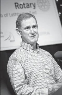  ?? Herald photo by Ian Martens @IMartensHe­rald ?? Andrew Bronson, from Rotary Club of Lethbridge East, speaks during an announceme­nt of a new agricultur­e scholarshi­p award program Tuesday morning at Exhibition Park.