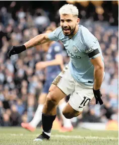  ??  ?? MANCHESTER City’s Sergio Aguero celebrates scoring his side’s third goal during the Premier League match against Chelsea at the Etihad Stadium. City won 6-0. | BackpagePi­x