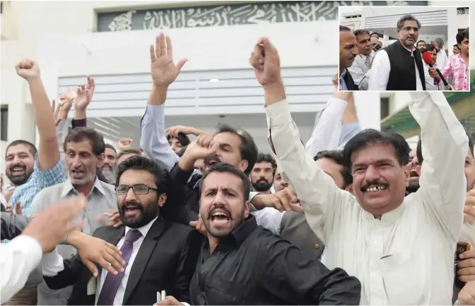  ?? — AFP/AP photos ?? ISLAMABAD: Pakistani supporters of the ruling Pakistan Muslim League-Nawaz (PML-N) party celebrate outside the Parliament House after the election of a new prime minister. (INSET) Pakistan’s premier-designate Shahid Khaqan Abbasi is seen outside the...