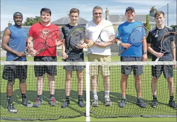  ?? 25_c33tenniss­ingles02 ?? The six singles championsh­ip players from left: Sary Rahma, Thomas Jordan, Millar Irwin, Mark Davey, Jamie Morris and Alasdair Ferguson.