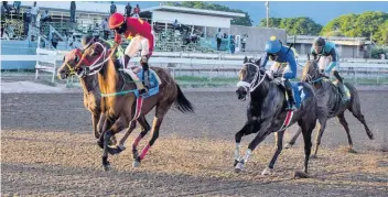  ?? FILE ?? God Of Love (left), ridden by Robert Halledeen, wins the Gerry Skelton Memorial Trophy ahead of One Don(right), over five and a half furlongs at Caymanas Park in St Catherine on Sunday, November 28, 2021.