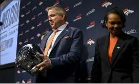  ?? AARON ONTIVEROZ — THE DENVER POST ?? Denver Broncos head coach Sean Payton stands with minority owner Condoleezz­a Rice during an introducto­ry press conference at team headquarte­rs in Englewood on Feb. 6.