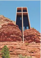  ??  ?? Chapel of the Holy Cross nestles against high sandstone cliffs and offers a meditative little oasis in Sedona.