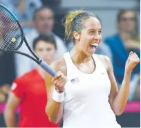  ?? Agence France-presse ?? Madison Keys of US reacts after her victory over France’s Pauline Parmentier at the end of the Fed Cup semi-final at the Arena Stadium on Sunday.