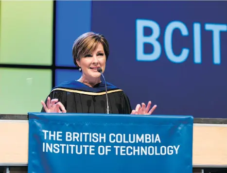  ?? CREDIT: SUPPLIED ?? Diana Swain, who graduated from BCIT’s broadcast journalism program 30 years ago, addressing graduates after receiving an Honourary Doctorate of Technology on Friday.