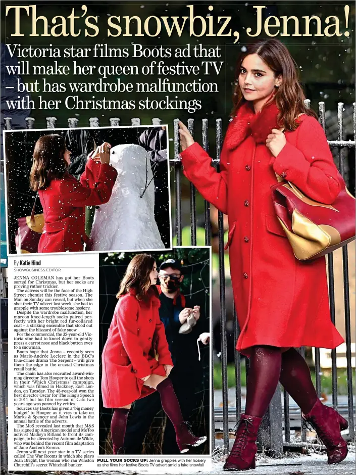  ?? ?? PULL YOUR SOCKS UP: Jenna grapples with her hosiery as she films her festive Boots TV advert amid a fake snowfall