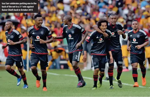  ??  ?? Issa Sarr celebrates putting one in the back of the net in a 3-1 win against Kaizer Chiefs back in October 2015