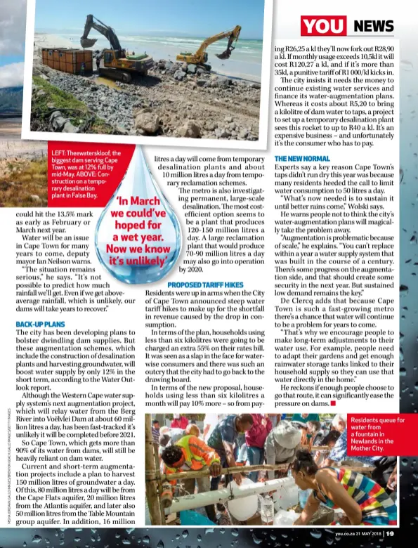  ??  ?? LEFT: Theewaters­kloof, the biggest dam serving Cape Town, was at 12% full by mid-May. ABOVE: Constructi­on on a temporary desalinati­on plant in False Bay. Residents queue for water from a fountain in Newlands in the Mother City.