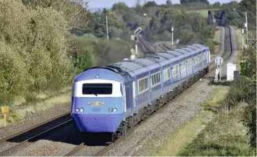  ?? Stephen Ginn ?? BELOW: Locomotive Services is promoting 37 outings for its popular Midland Pullman HST during 2024. On October 27, 2023, the Nanking blue HST was back in the Taunton area, with power cars 43055 and 43059 joining the GWR main line at Cogload Junction, working from Crewe to Goodringto­n Sidings via Bristol Temple Meads on an empty coaching stock positionin­g move, in readiness for the following day’s ‘The Settle & Carlisle Pullman’ from Paignton to Carlisle.