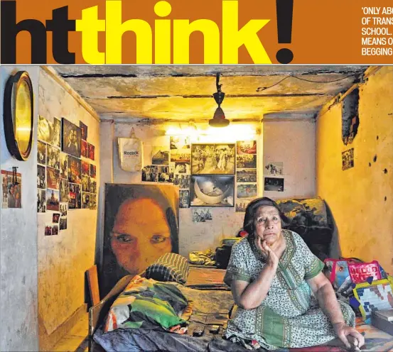  ??  ?? Mona Ahmed in her home at New Delhi’s Mehendiyan graveyard. The transgende­r has been living among the dead for over 20 years now. The walls are covered with photograph­s and souvenirs that people have sent her from across the world
SAUMYA KHANDELWAL/HT...