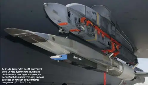  ?? (© US Air Force) ?? Le X-51A Waverider. Les IA pourraient avoir un rôle à jouer dans le pilotage des futures armes hypersoniq­ues, en permettant de manoeuvrer sans liaisons externes en fonction de paramètres complexes.